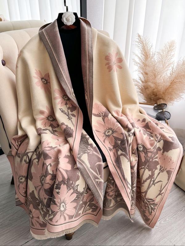 Floral Pattern Tassel Decor Shawl, Casual Soft Warm Scarf for Fall & Winter, Fashion Accessories for Women & Men