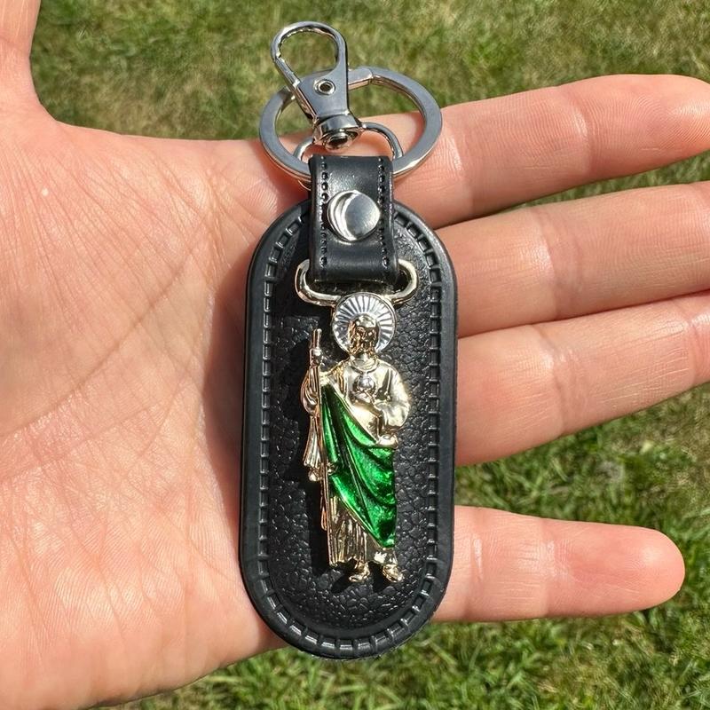 San Judas Tadeo   Virgencita Stainless Steel and Leather Keychain