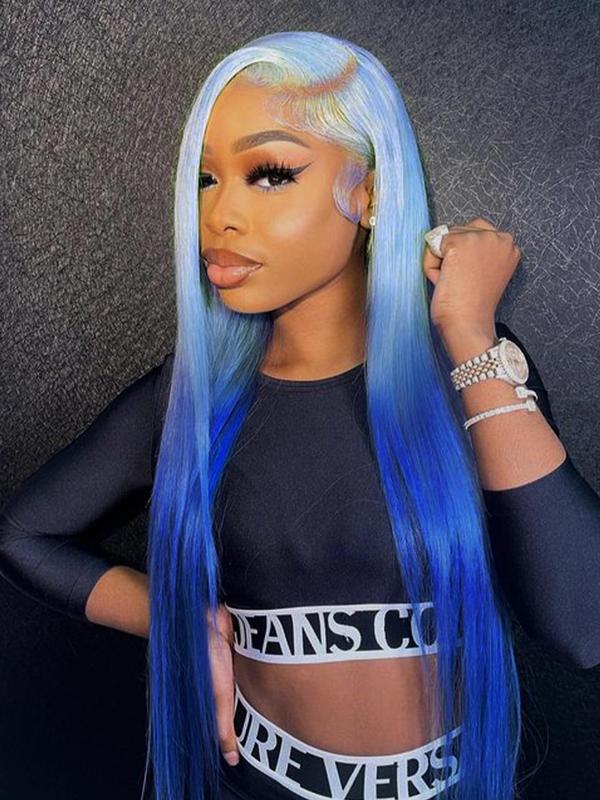 30 Inch Ombre Blue   Purple Long Straight Wigs for Women, Gorgeous Fluffy Wigs without Bangs, Synthetic Lace Front Wigs for Party, Daily Use