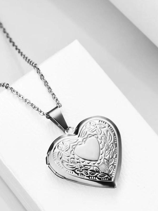 Women's Elegant Heart-shaped Design Pendant Necklace with Floral Pattern, Openable Photo Frame Stainless Steel Pendant Necklace, Fashion Jewelry, Couple Gift, Holiday Gift, Mexican Necklaces