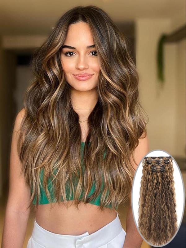 22 Inch Long Wavy Synthetic Clip-in Hair Extensions, 6 Counts Natural Fluffy Synthetic Hair Extensions Wigs with Highlight Design for Summer Daily & Party Used