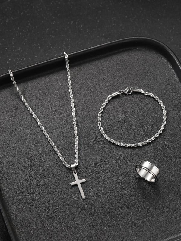 Men's Punk Style Matching Jewelry Set, Cross & Chain Design Pendant Necklace & Bracelet & Ring Back To School, Jewelry Men Accessories for Party & Daily Gift Kit Women, Fall Outfits, Fall Freshness Fall