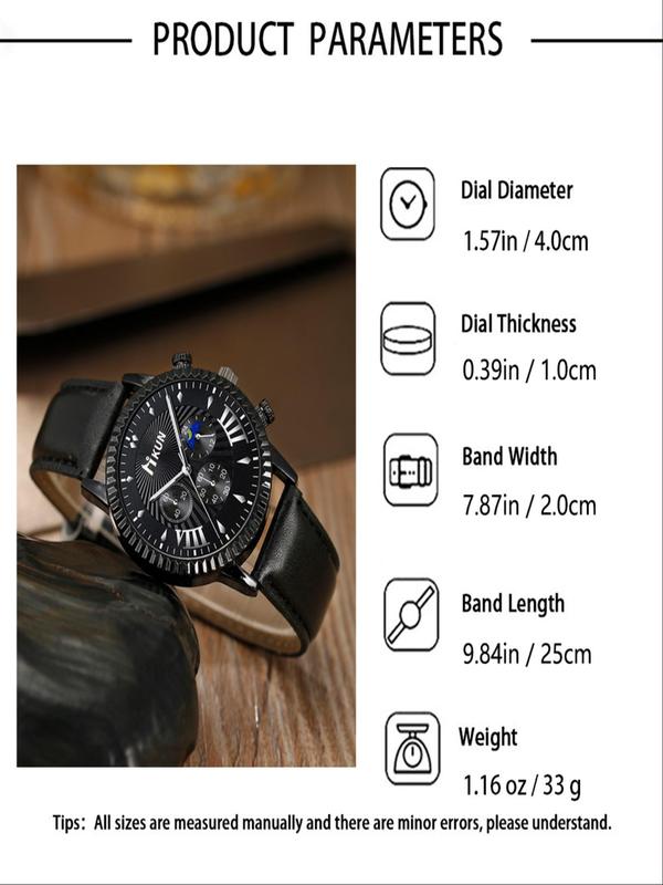 Men's Business Fashion Round Dial Analog Quartz Watch, and Cuban Chain Bracelet & Cross Pendant   Necklace & Ring Set, Trendy All-match & Exquisite Watch Set for Birthday Gift