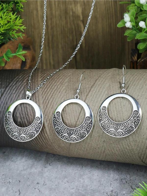 Boho Style Round Pendant Alloy Necklace & Dangle Earrings for Gift, Ethnic Pattern Jewelry Set for Women for Party, Daily Clothing Decor, Trendy All-match & Exquisite Jewelry for Birthday Gift without Box