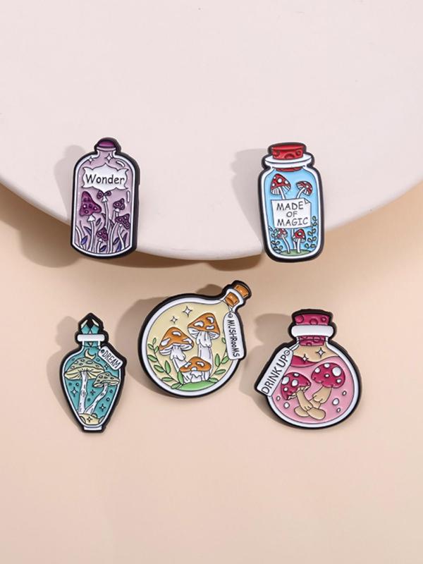 Cute Magic Mushroom Bottle Brooch, 5pcs Enamel Pin Badge, Fashion Jewelry for Party, Daily Clothing Decor, Trendy All-match & Exquisite Brooch for Birthday Gift