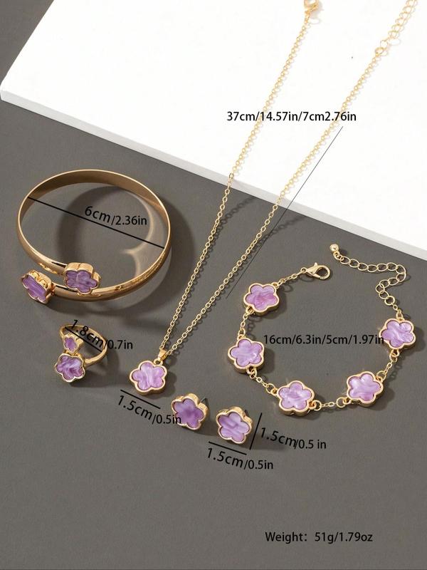 Women's Elegant Flower Design Real Jewelry Set, Including Pendant Necklace & Bracelets & Ring & Stud Earrings, Girls Birthday Gift, Trendy Fashion Jewelry Set