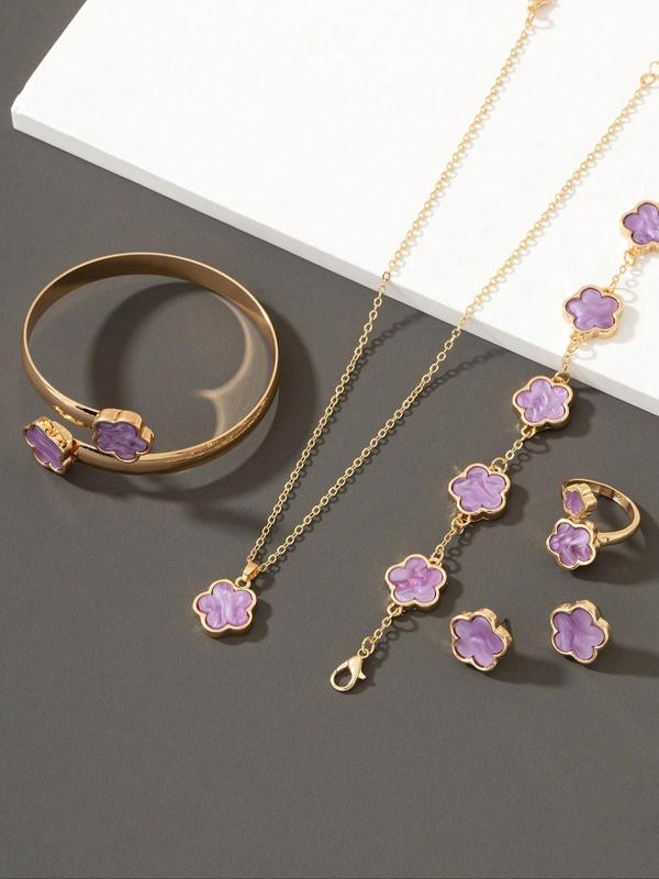 Women's Elegant Flower Design Real Jewelry Set, Including Pendant Necklace & Bracelets & Ring & Stud Earrings, Girls Birthday Gift, Trendy Fashion Jewelry Set