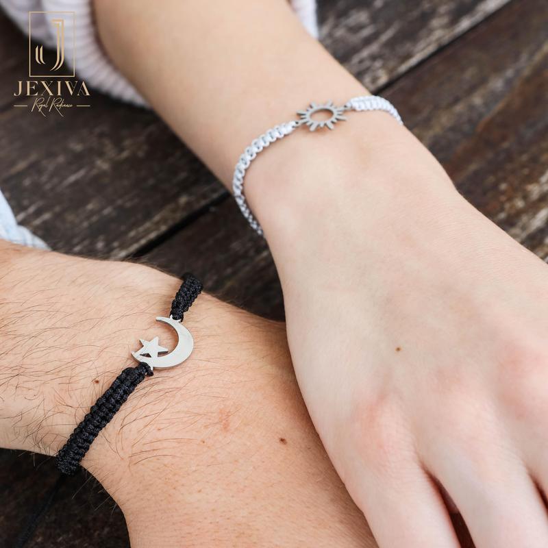 2Pcs Couples Bracelet - Sun & Moon - Stainless Steel - Adjustable Strong Woven Rope - Couples, Family & Friendship Bracelet for Men & Women Gift