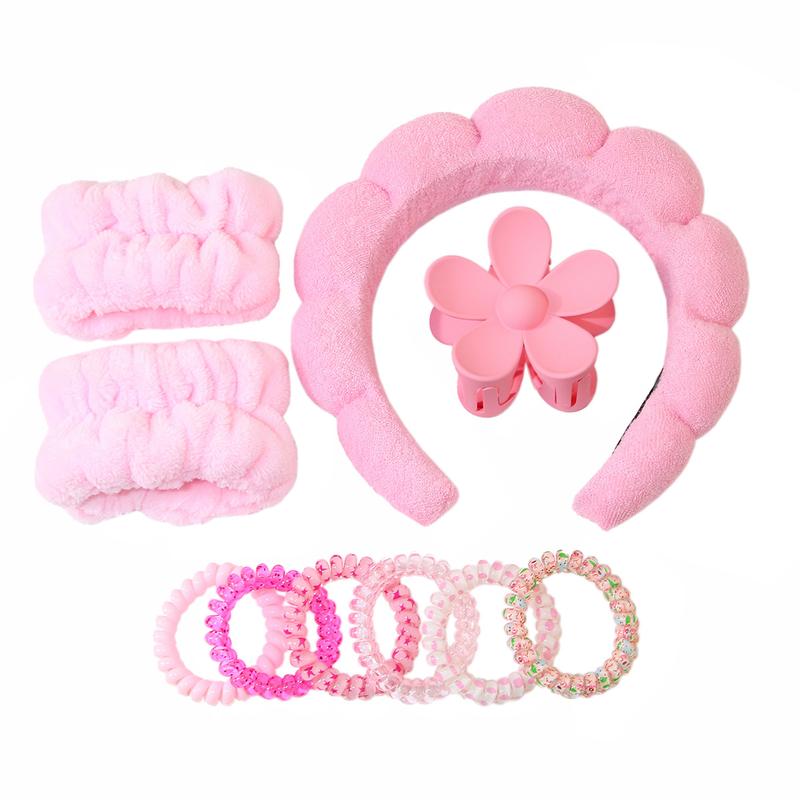 10pcs Set Cloud Shaped Headband Set, Spa Headband Hair Hoop, Wristbands, Flower Design Hair Claw Clip