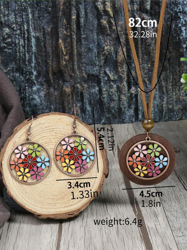 Boho Style Round Pendant Alloy Necklace & Dangle Earrings for Gift, Ethnic Pattern Jewelry Set for Women for Party, Daily Clothing Decor, Trendy All-match & Exquisite Jewelry for Birthday Gift without Box