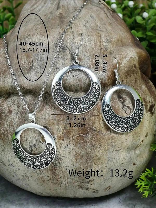 Boho Style Round Pendant Alloy Necklace & Dangle Earrings for Gift, Ethnic Pattern Jewelry Set for Women for Party, Daily Clothing Decor, Trendy All-match & Exquisite Jewelry for Birthday Gift without Box