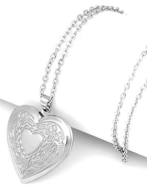 Women's Elegant Heart-shaped Design Pendant Necklace with Floral Pattern, Openable Photo Frame Stainless Steel Pendant Necklace, Fashion Jewelry, Couple Gift, Holiday Gift, Mexican Necklaces