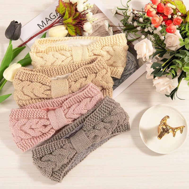 Whaline 4 Pack Twisted Knit Headbands Winter Knotted Head Wraps Fuzzy Lined Headband Thick Crochet Turban Ear Warmer Elastic Hair Band Accessories for Girls Women