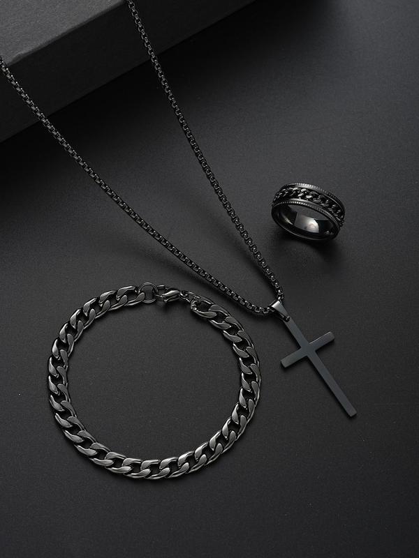 Men's Punk Style Matching Jewelry Set, Cross & Chain Design Pendant Necklace & Bracelet & Ring Back To School, Jewelry Men Accessories for Party & Daily Gift Kit Women, Fall Outfits, Fall Freshness Fall