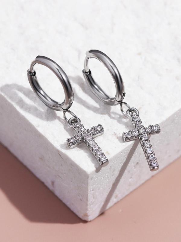 Men's Street Trend Rhinestone Decor Cross Design Dangle Earrings, 1 Pair Trendy Hip Hop Dangle Earrings, Chic All-match Jewelry As Gift for Boyfriend