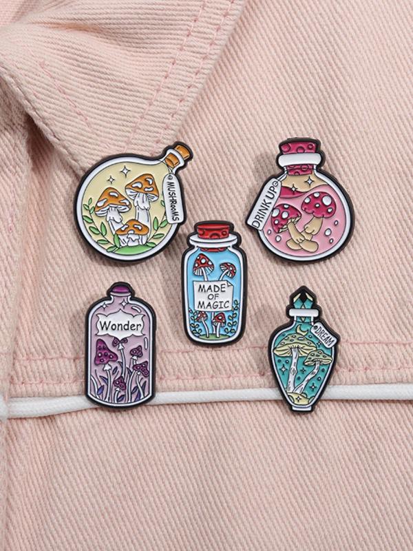 Cute Magic Mushroom Bottle Brooch, 5pcs Enamel Pin Badge, Fashion Jewelry for Party, Daily Clothing Decor, Trendy All-match & Exquisite Brooch for Birthday Gift