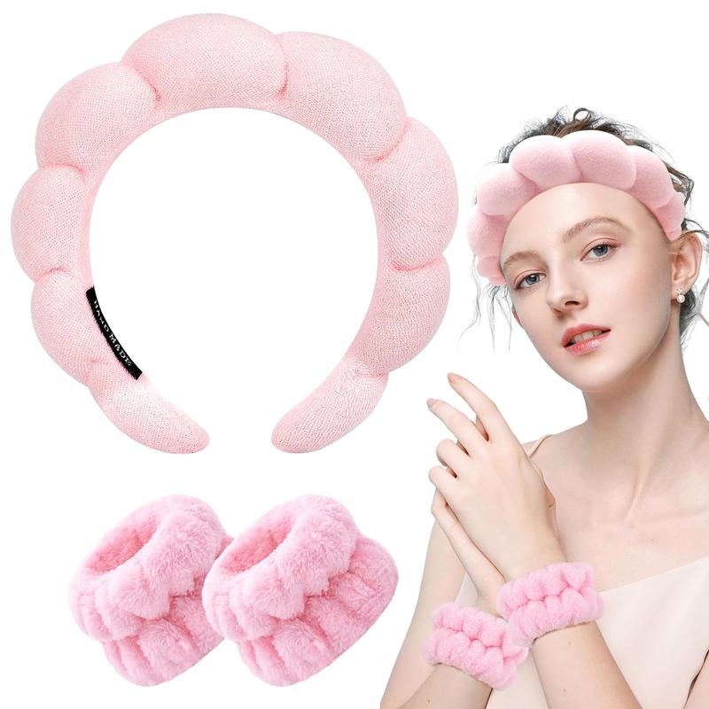 Spa Headband for Washing Face Wristband Set Sponge Makeup SkincareSpa Headband for Washing Face Wristband Set Sponge Makeup Skincare, Bubble Soft Get Ready Hairband for Women Girl Puffy Padded Headwear Non Slip for Thick Hair