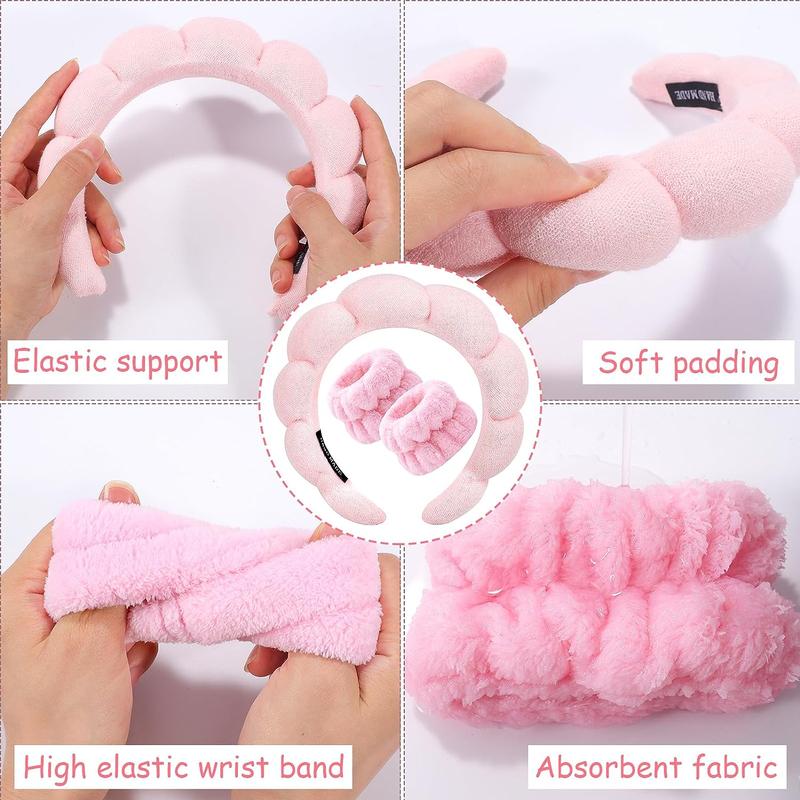 Spa Headband for Washing Face Wristband Set Sponge Makeup SkincareSpa Headband for Washing Face Wristband Set Sponge Makeup Skincare, Bubble Soft Get Ready Hairband for Women Girl Puffy Padded Headwear Non Slip for Thick Hair