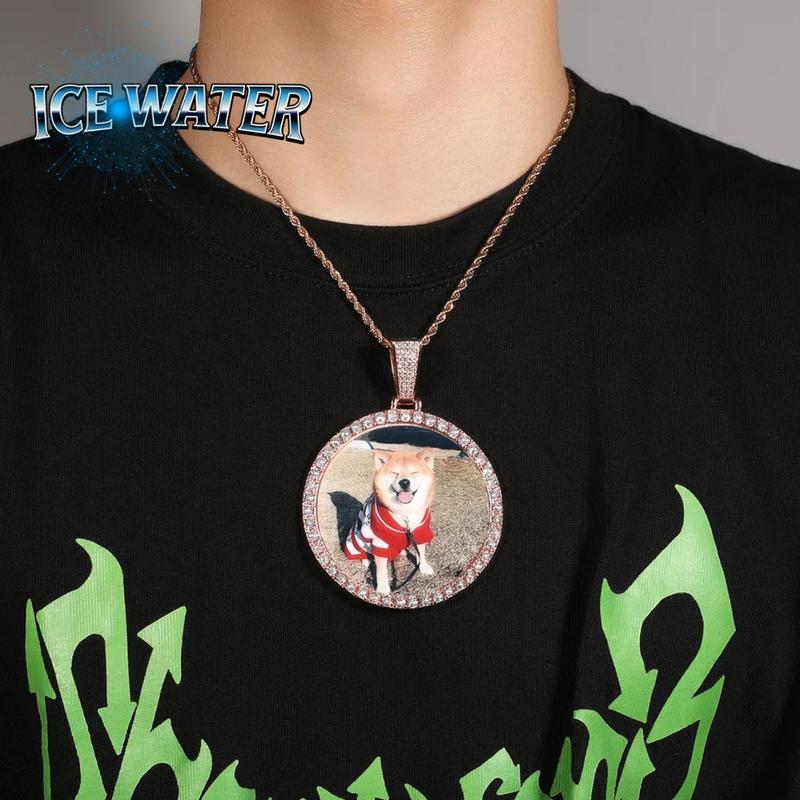 ICE WATER Personalized XL large Custom Memory Round Colorful Photo Pendant Necklace Simple zirconia Neck Chain Jewelry