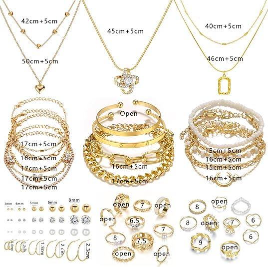 36 PCS Gold Jewelry Set with 4 PCS Necklace, 11 PCS Bracelet, 7 PCS Ear Cuffs Earring, 14 Pcs Knuckle Rings for Women Girls Valentine Anniversary Birthday Friendship Gift