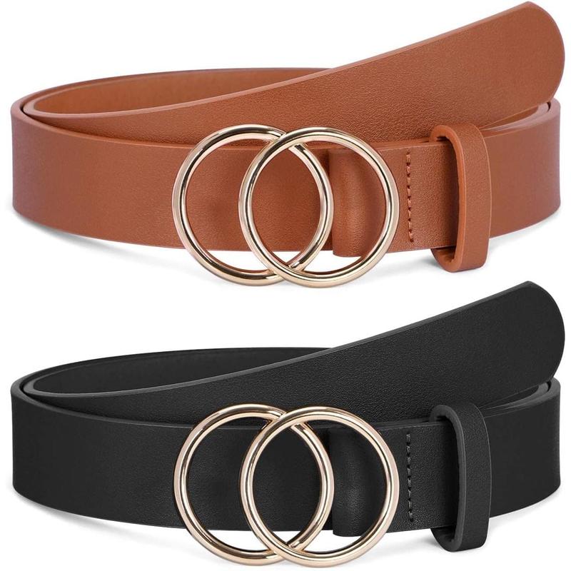 2 Pack Women Leather Belts Faux Leather Jeans Belt with Double O Ring Buckle