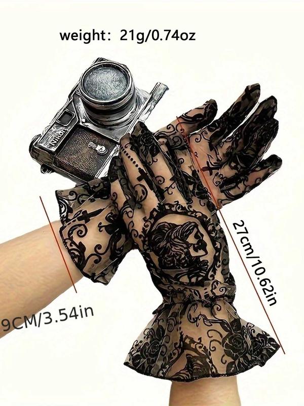 Women's Gothic Style Lace Gloves, Fashionable Scary Skull Pattern Gloves for Party, Daily Clothing Decor, Trendy All-match & Exquisite Gloves for Birthday Gift