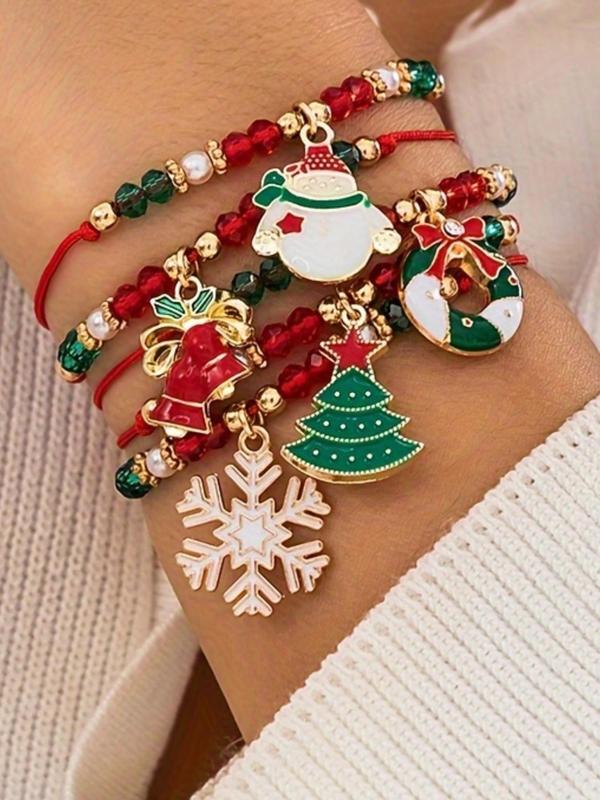 Cute Christmas Themed Beaded Bracelets, Snowman & Snowflake & Christmas Tree Charm Beaded Bracelets, Fashion Accessories for Women & Girls