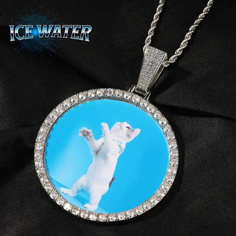 ICE WATER Personalized XL large Custom Memory Round Colorful Photo Pendant Necklace Simple zirconia Neck Chain Jewelry