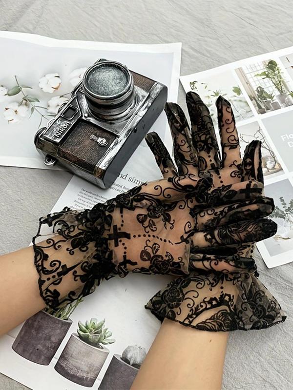 Women's Gothic Style Lace Gloves, Fashionable Scary Skull Pattern Gloves for Party, Daily Clothing Decor, Trendy All-match & Exquisite Gloves for Birthday Gift