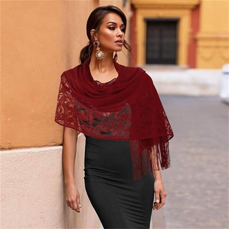 Women's Floral Lace Scarf Shawl with Tassels, Soft Mesh Fringe Wraps for Wedding Evening Party Dresses