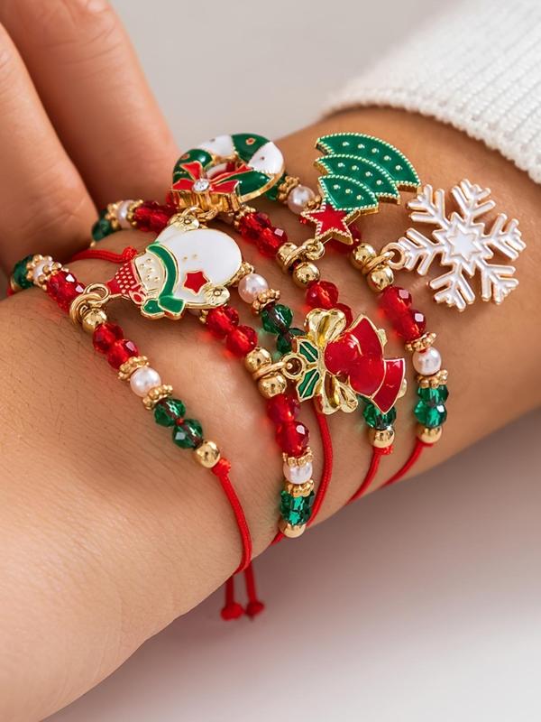 Cute Christmas Themed Beaded Bracelets, Snowman & Snowflake & Christmas Tree Charm Beaded Bracelets, Fashion Accessories for Women & Girls