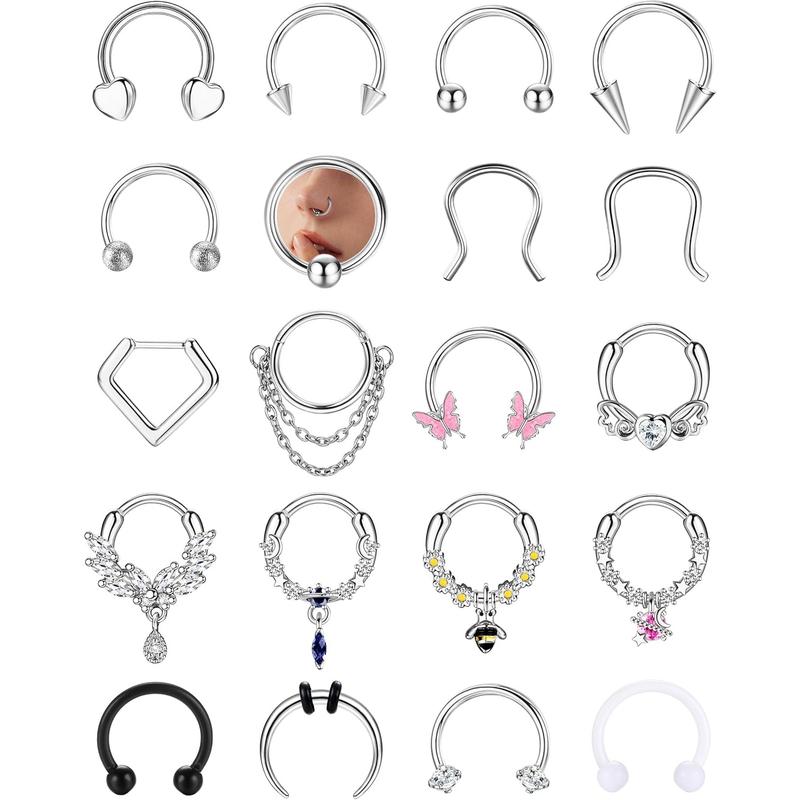 BESTEEL 20Pcs Gold Septum Rings 16G Small Septum Jewelry Surgical Steel Septum Clicker Dangle Nose Rings Hoops for Women Men Cute Star Bee CZ Heart Butterfly Chain Septum Rings Septum Piercing Jewelry