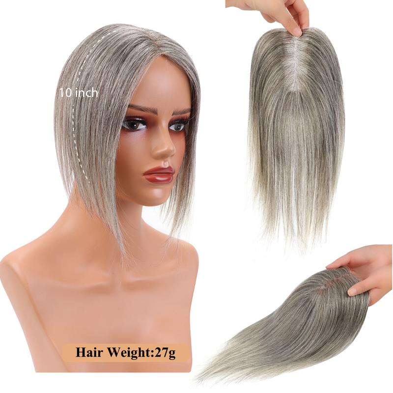 Vasilia Human Hair Toppers for Women Hair Toppers Human Hair 10inch Straight Hair Toppers for Women with Thinning Hair Middle Part Swiss Lace Base Clip in Hair Topper 4.3*3.2inch 27G Add Hair Volume Cover Grey Hair