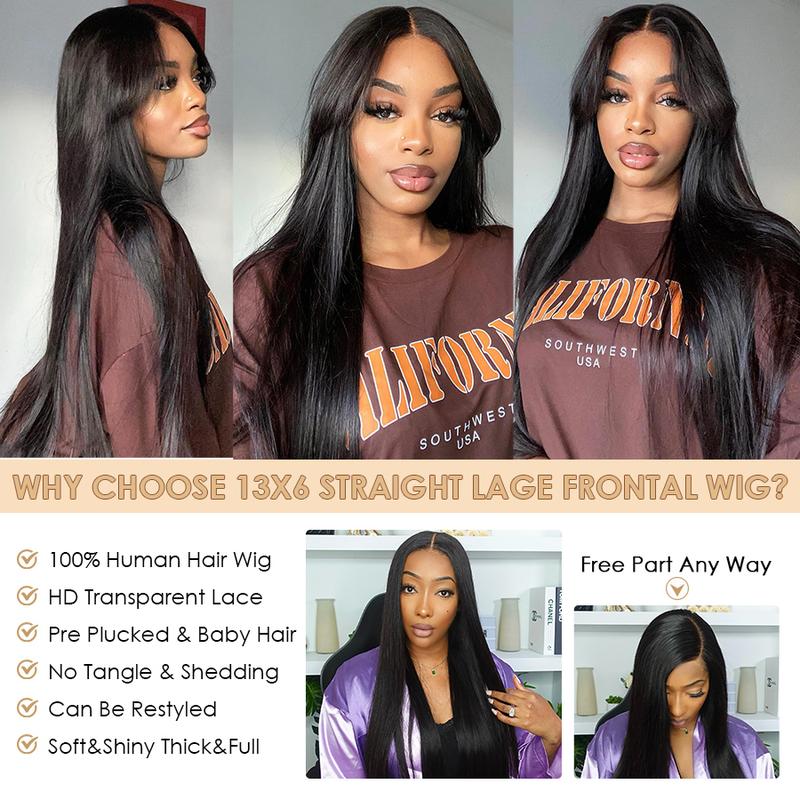 Pizazz Hair 220% Density Straight Lace Front Wigs Human Hair for Women Pre Plucked 13x6 HD Transparent Lace Frontal Wigs with Baby Hair Pre Bleached Tiny Knots Wig For Women