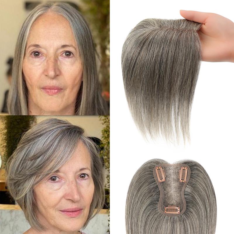 Vasilia Human Hair Toppers for Women Hair Toppers Human Hair 10inch Straight Hair Toppers for Women with Thinning Hair Middle Part Swiss Lace Base Clip in Hair Topper 4.3*3.2inch 27G Add Hair Volume Cover Grey Hair