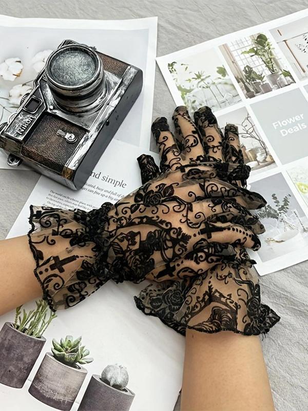 Women's Gothic Style Lace Gloves, Fashionable Scary Skull Pattern Gloves for Party, Daily Clothing Decor, Trendy All-match & Exquisite Gloves for Birthday Gift