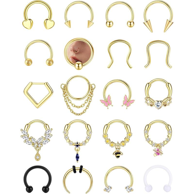 BESTEEL 20Pcs Gold Septum Rings 16G Small Septum Jewelry Surgical Steel Septum Clicker Dangle Nose Rings Hoops for Women Men Cute Star Bee CZ Heart Butterfly Chain Septum Rings Septum Piercing Jewelry