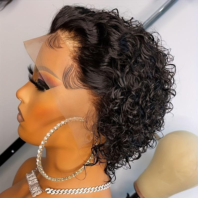 ldoli Hair 8 Inch 13X1 Pixie Cut Curly HD HumanHair Wig -Natural Black Color, 180% Density