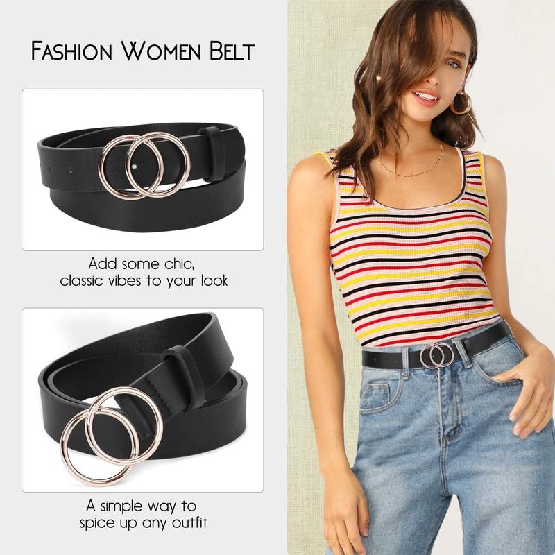 2 Pack Women Leather Belts Faux Leather Jeans Belt with Double O Ring Buckle