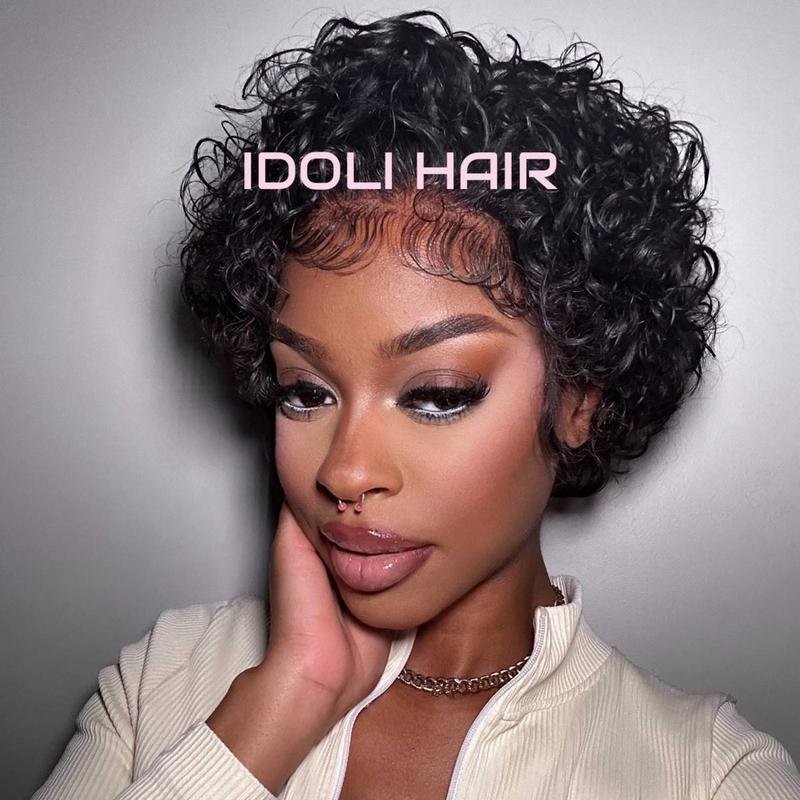 ldoli Hair 8 Inch 13X1 Pixie Cut Curly HD HumanHair Wig -Natural Black Color, 180% Density