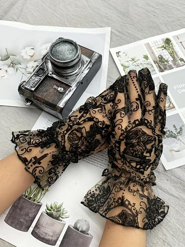 Women's Gothic Style Lace Gloves, Fashionable Scary Skull Pattern Gloves for Party, Daily Clothing Decor, Trendy All-match & Exquisite Gloves for Birthday Gift