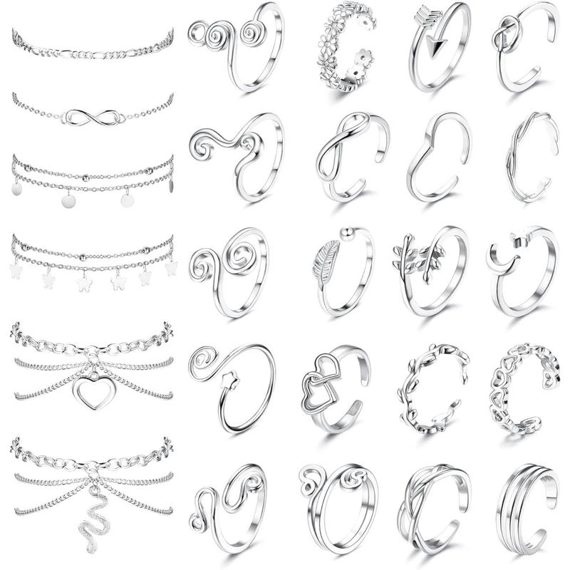 Jstyle Toe Rings and Ankle Bracelets for Women Silver Rose Plated Anklet Toe Rings Cute Layered Anklets Open Tail Rings Adjustable Beach Foot Jewelry for Summer Daily