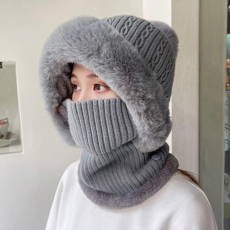 Knitted Hat Multipurpose Pompom Plush Ears Protection Solid Color Autumn Winter Women Face Cover Neck Gaiter Warmer Beanie Cap for Ski