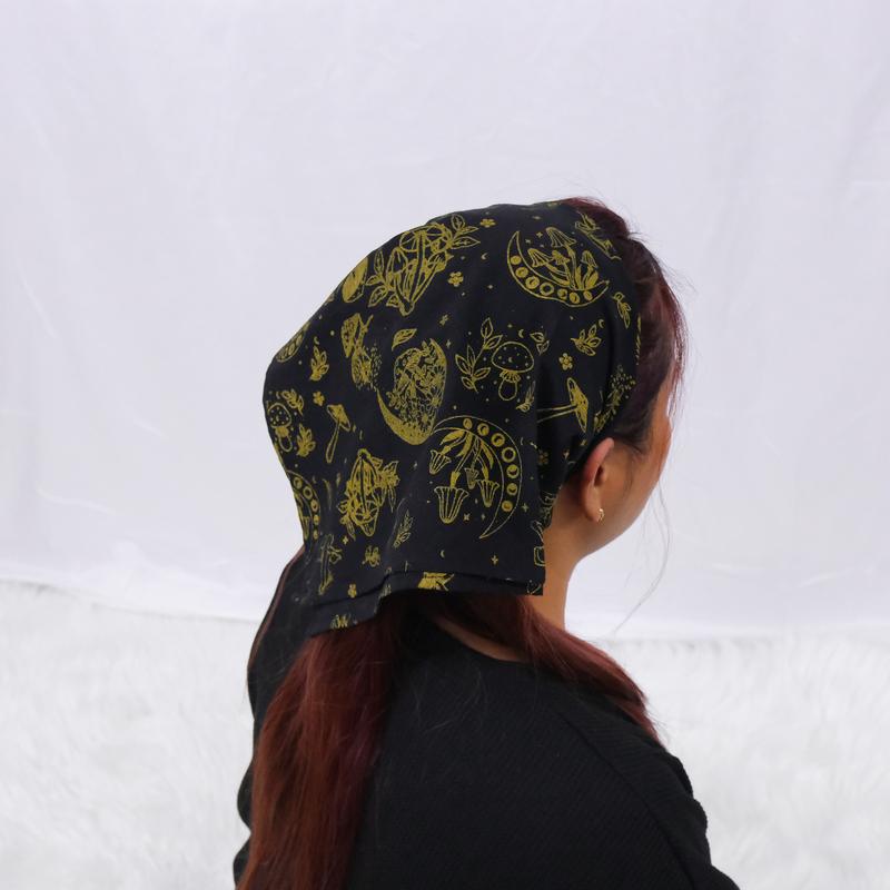 Cotton Headwraps, Mushroom Celestial Print Head Scarf, Square Boho Head Scarf, Bohemian Head Band, Stocking Stuffer, Hippie Goth Hair Wraps