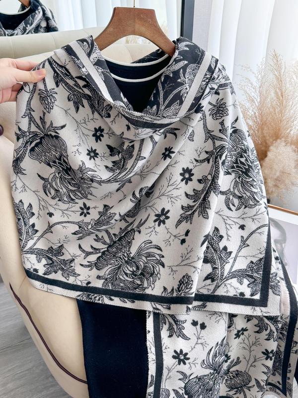 Floral Print Fringe Trim Double Side Shawl, Casual Soft Warm Scarf for Fall & Winter, Fashion Accessories for Women & Men