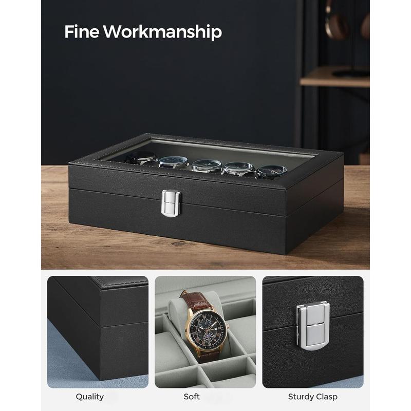 Watch Box, 12-Slot Watch Case with Large Glass Lid, Removable Watch Pillows, Watch Box Organizer, Gift for Loved Ones, Black , Gray