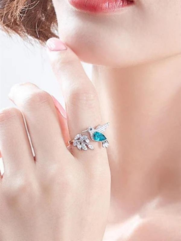 Bird & Leaves Design Rhinestone Decorated Ring, Fashion Accessories for Women, Trendy All-match & Exquisite Jewelry for Birthday Gift