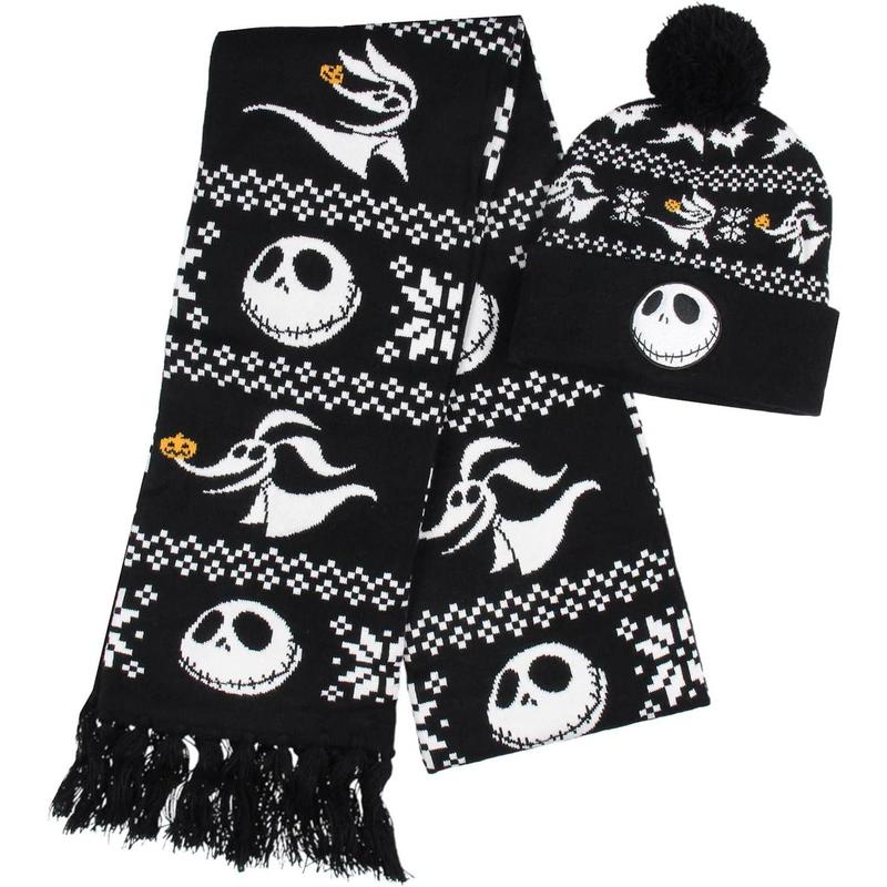 The Nightmare Before Christmas Jack Skellington and Zero Beanie Scarf Set Black