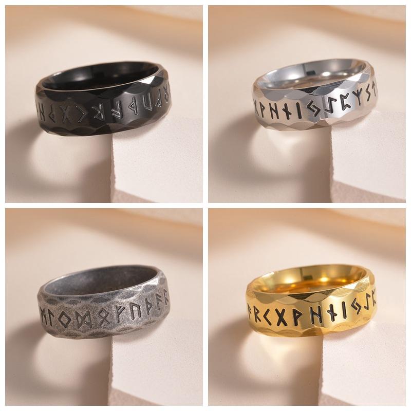 New Nordic Viking Rune Titanium Steel Ring Ancient Silver Retro Men's Jewelry