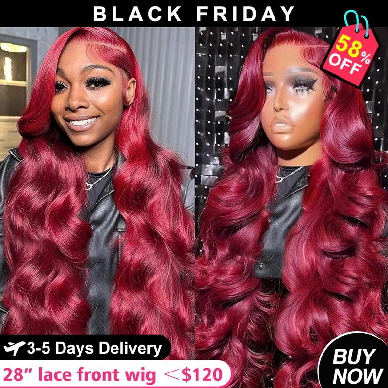 Bling Hair Fashion 99J Red Lace Front Wig Pre-Plucked with 13x6 HD Transparent Lace Frontal Real Human Hair Wigs Body Wave wigs for Women 180% Density and Mesmerizing 99J Colored Real Hair Lace Front Wigs Burgundy